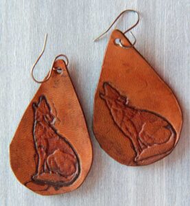 Stamped Leather Earrings, Howling Wolf