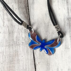 Enamelled Butterfly Pendant. Copper with silver inlay