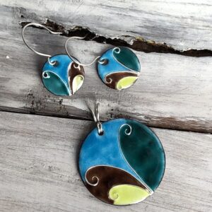 Turquoise, yellow & Brown enamelled set, copper with silver inlay.