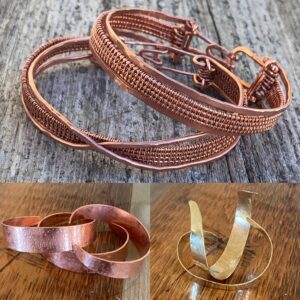 An example of some of the bracelets I have made, including wire weaving, hammering and texturing and shaping techniques