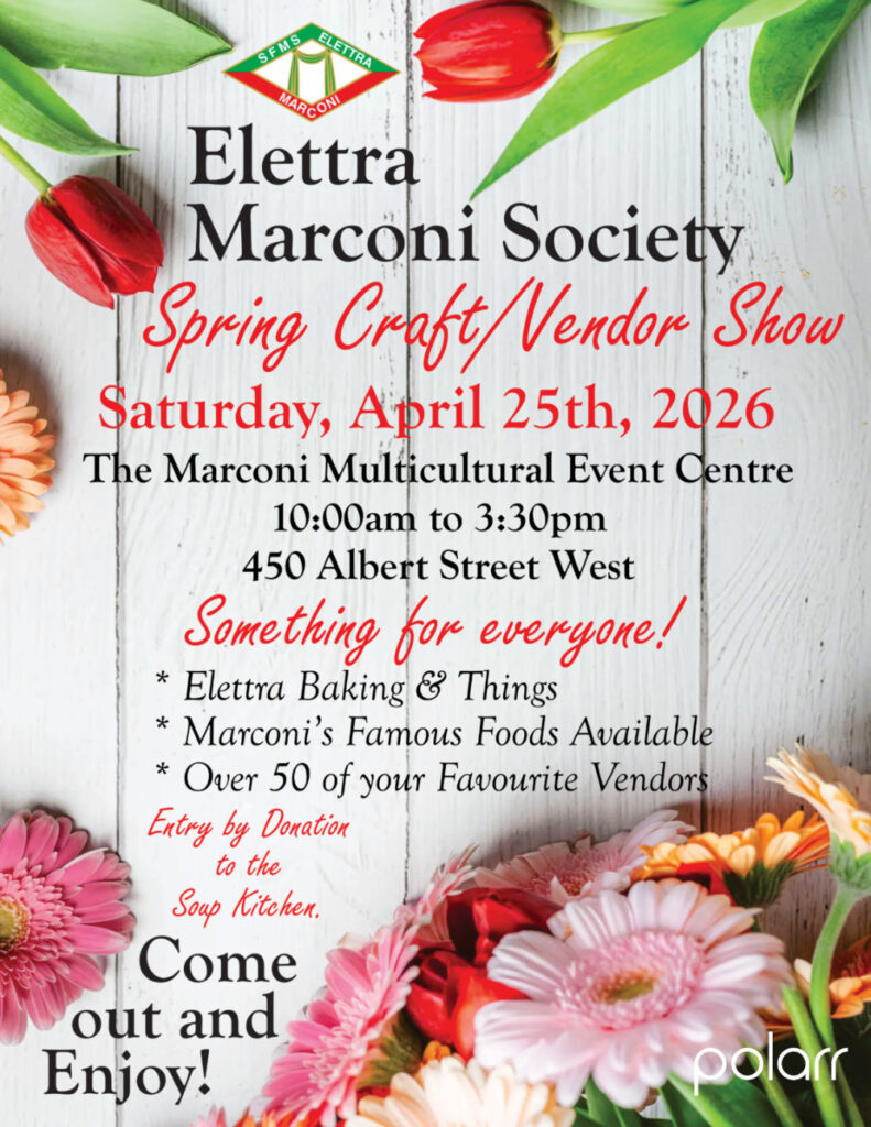 Electra Marconi Society Spring Craft Show. Saturday, April 25, 2026. Marconi Multicultural Event Centre, 450 Albert Street West, Sault Ste. Marie, Ontario. 10:00am to 3:30pm